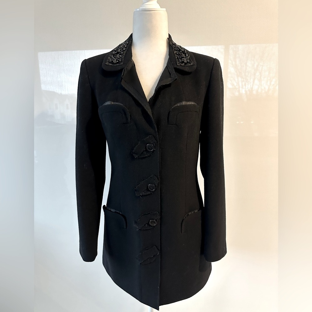 LA FÉE MARABOUTÉE black wool blend riding jacket with a jewelled collar